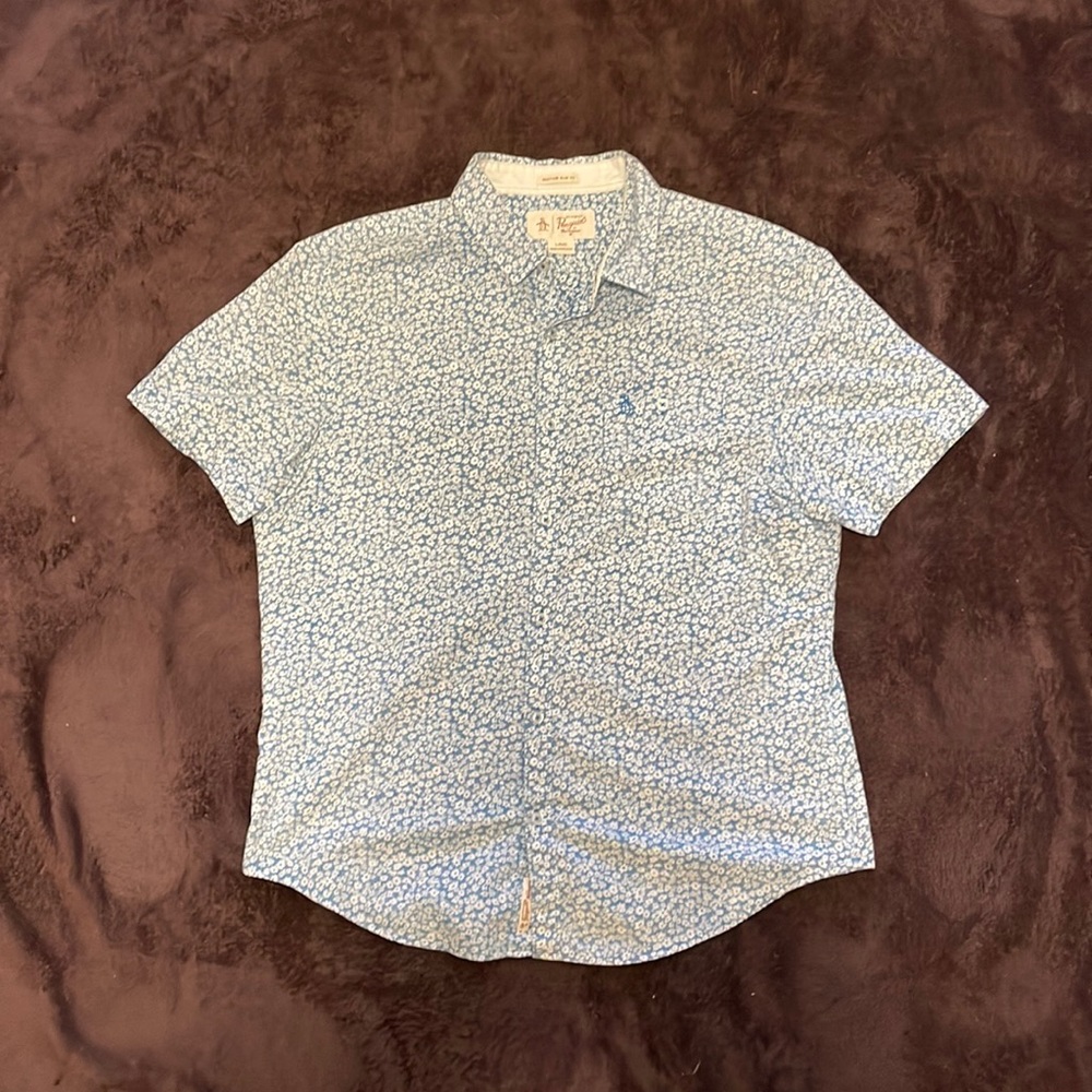 Blue flower design large men’s short sleeve button down shirt